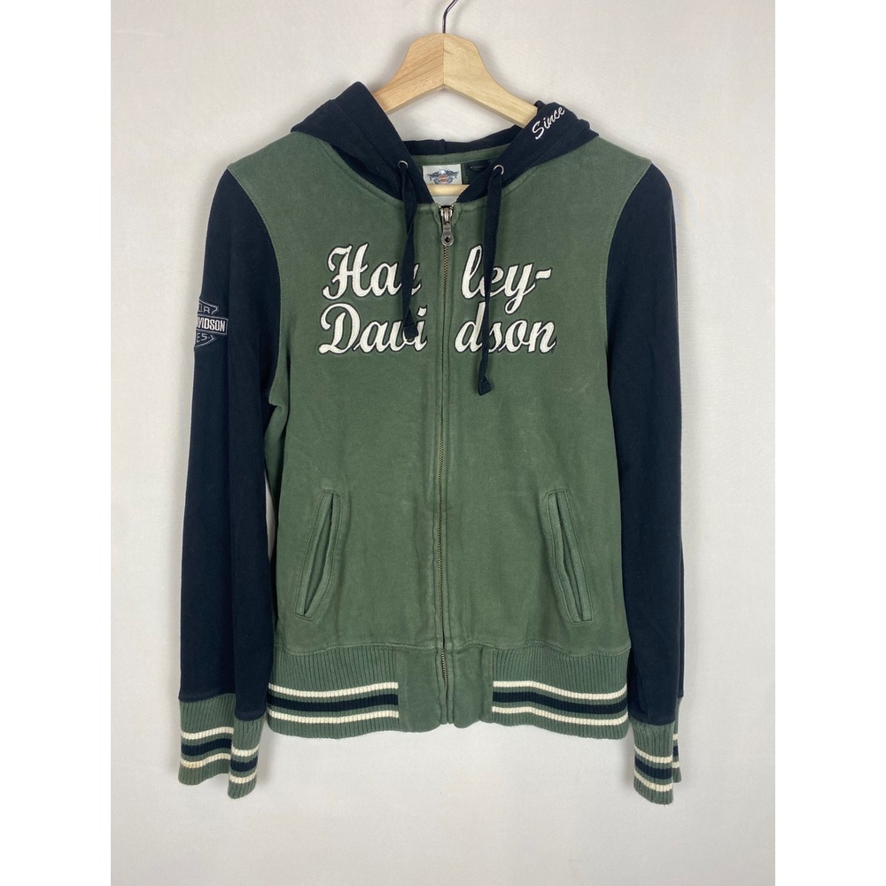 Harley Davidson Womens Green Black Embroidered Winged Logo Zip Up Hoodie Size M